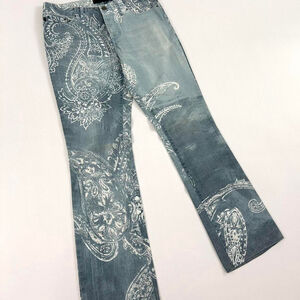y2k Cavalli light blue jeans with white paisley print